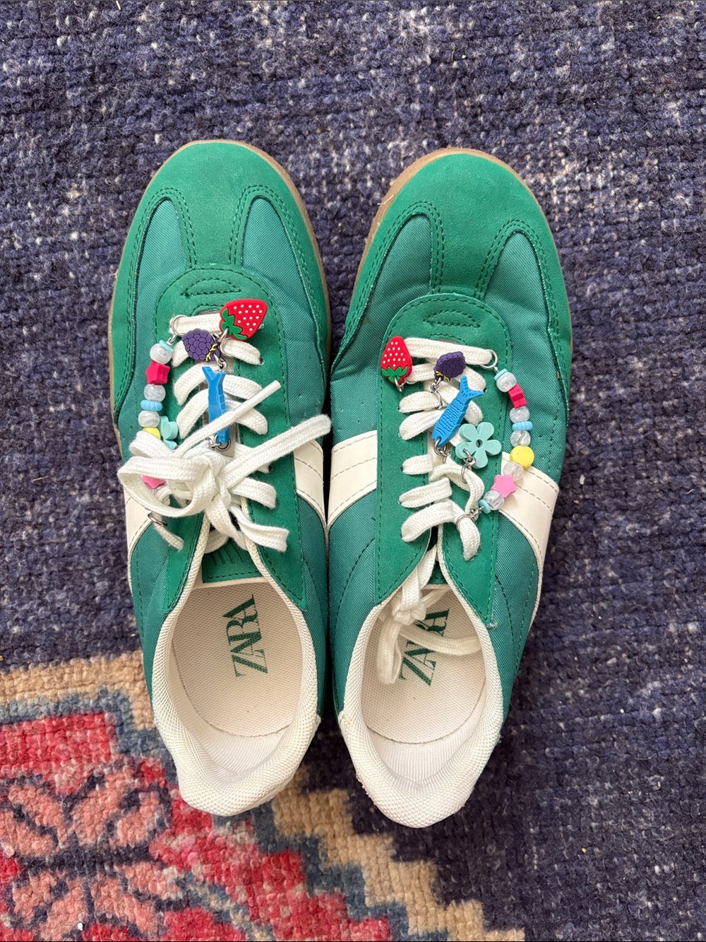Zara Green Sneakers with White Stripe and Beaded Charms from Spain